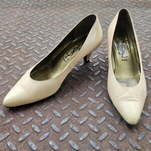Vintage Yves Saint Laurent Women Heel Sandal Beige Leather Upper Shoes Size 36.5
